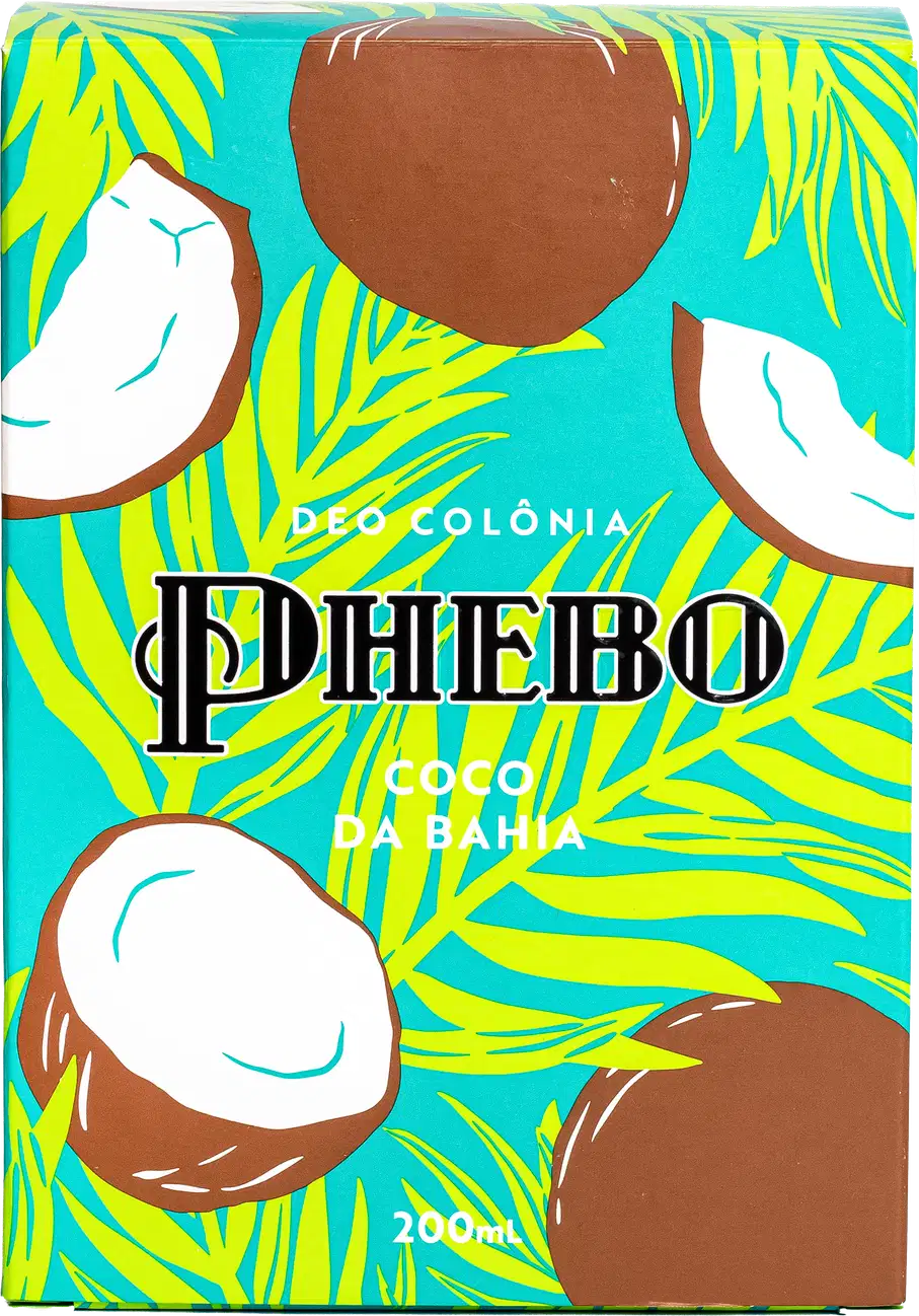Phebo Colônia Coco Bahia, embalagem retangular com fundo turquesa e estampa de folhas de palmeira amarelas. Destaque para o nome "Phebo" em letras grandes e negras, além de ilustrações de cocos brancos e marrons. Volume de 200ml indicado na embalagem.