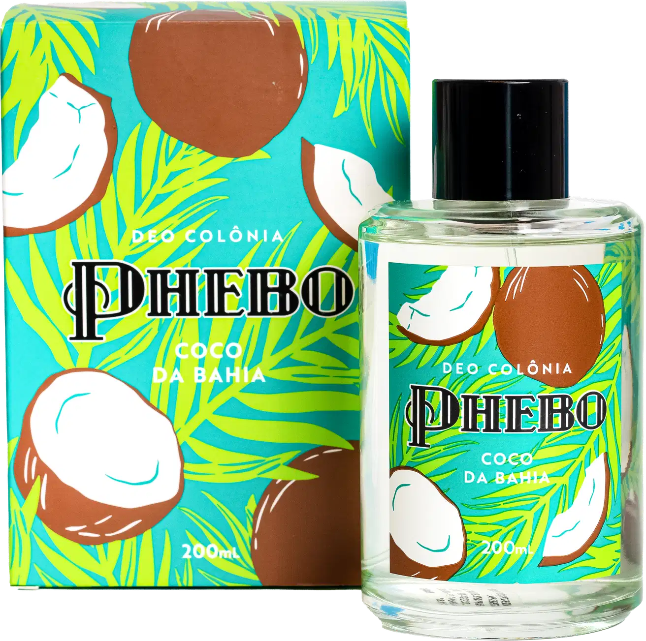 Deo Colônia Phebo coco da bahia. Frasco de vidro, embalado em uma caixa retangular com fundo turquesa e detalhes em amarelo, marrom e branco. A embalagem apresenta ilustrações de cocos e folhagens tropicais estilizadas.
