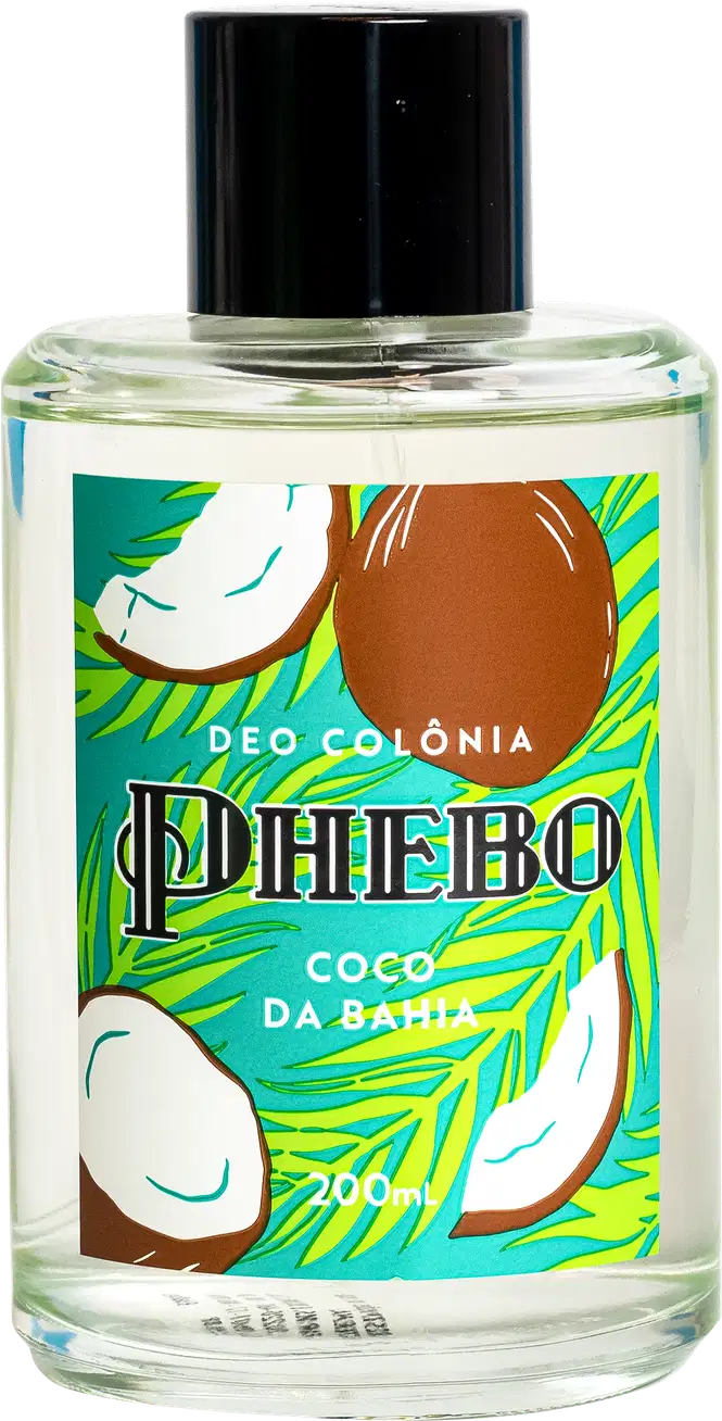 Deo colônia Phebo Coco da Bahia. Rótulo com fundo verde e detalhes em laranja, branco e amarelo. Ilustrações de coco e folhagens tropicais. Texto "Phebo" em letras grandes e "Coco da Bahia" em letras menores. Tampa preta na parte superior do frasco.