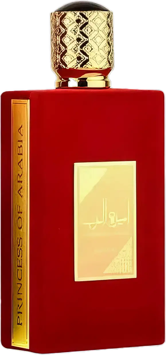Frasco de perfume vermelho da marca Lattafa Perfumes, com tampa dourada e rótulo dourado com texto árabe. O frasco possui um design elegante e sofisticado.