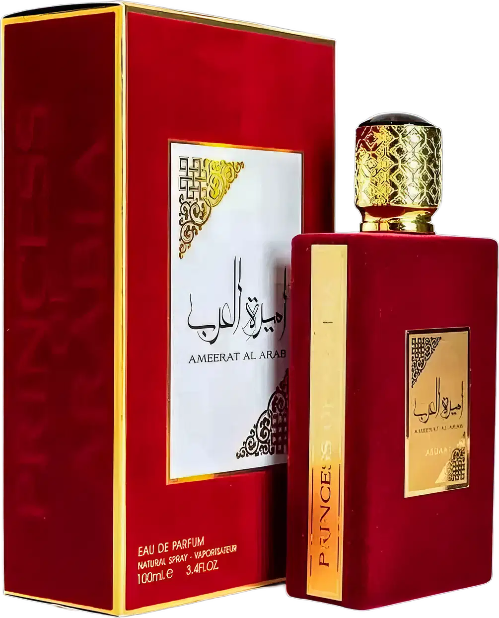 Frasco de perfume Ameerat Al Arab da marca Lattafa Perfumes, com embalagem vermelha e dourada, contendo 100ml de produto. O rótulo apresenta o nome do perfume em árabe e inglês.