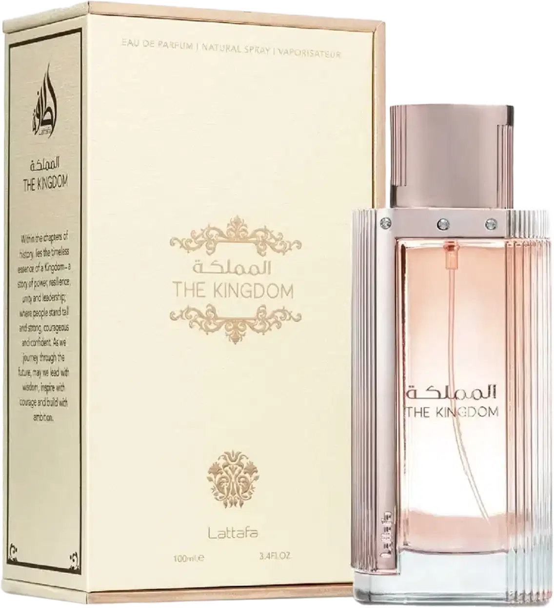 Frasco de perfume da marca Lattafa Perfumes, chamado "The Kingdom", com embalagem de caixa bege e dourada. O frasco é de vidro com design elegante e detalhes em metal, contendo 100ml do produto.