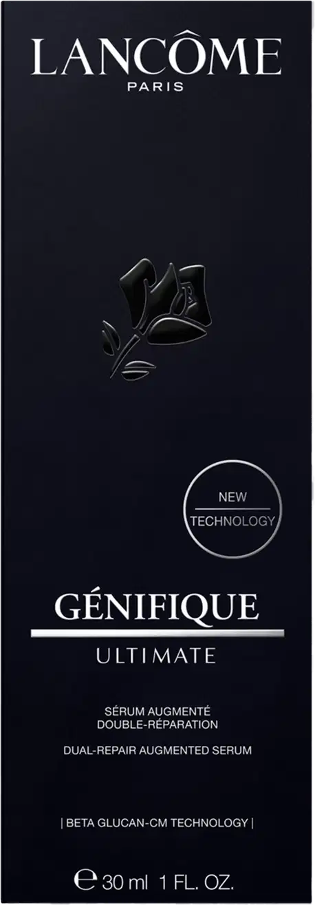 Caixa da embalagem. O rótulo destaca o nome do produto, "Génifique Ultimate", e menciona que se trata de um "Dual-Repair Augmented Serum" com tecnologia "Beta Glucan-CM". A garrafa possui 50 ml de conteúdo.
