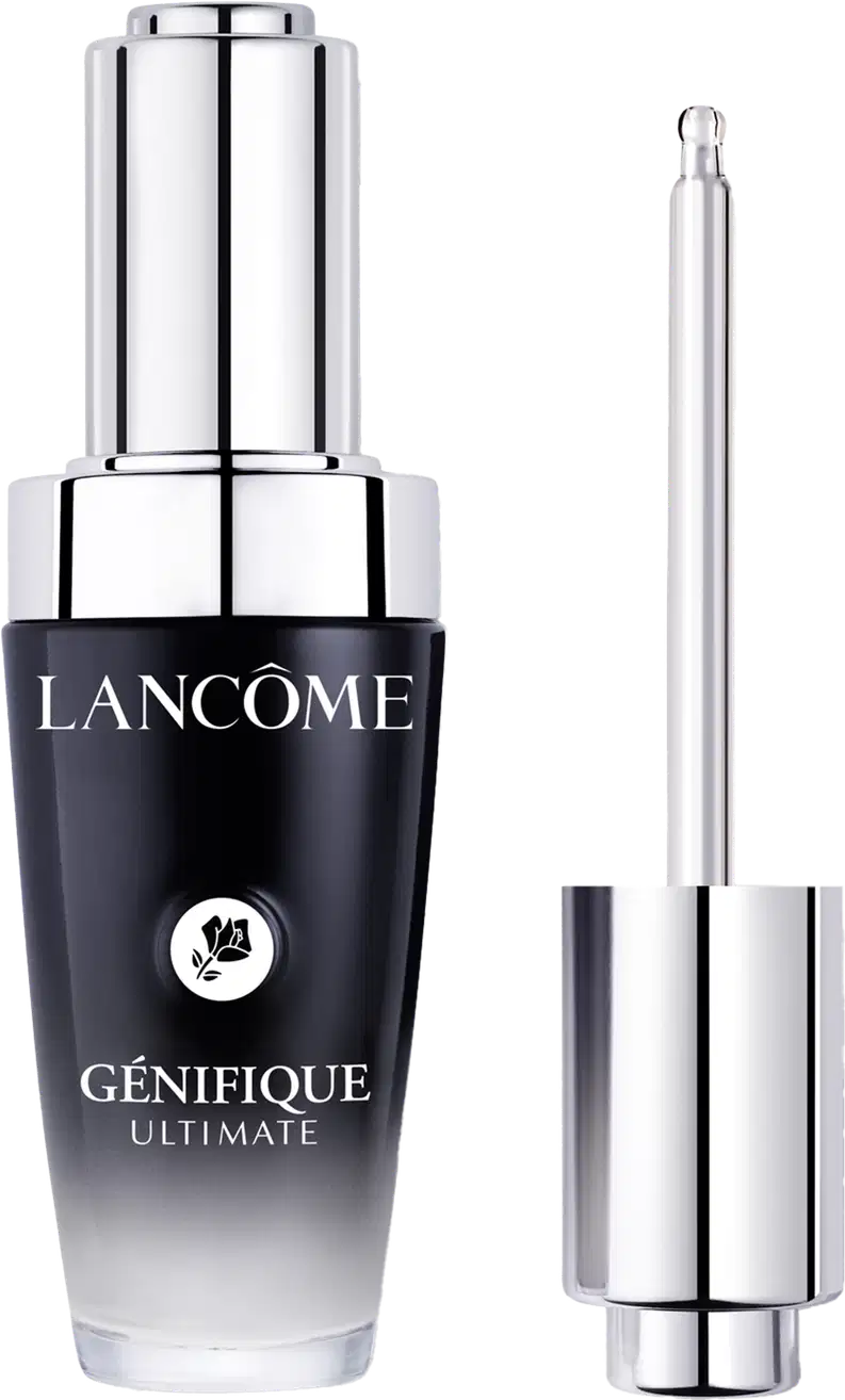 O frasco é preto com detalhes em prata, com o logotipo da marca Lancôme e o nome do produto "Génifique Ultimate" claramente visíveis. Ao lado  há um aplicador conta-gotas.