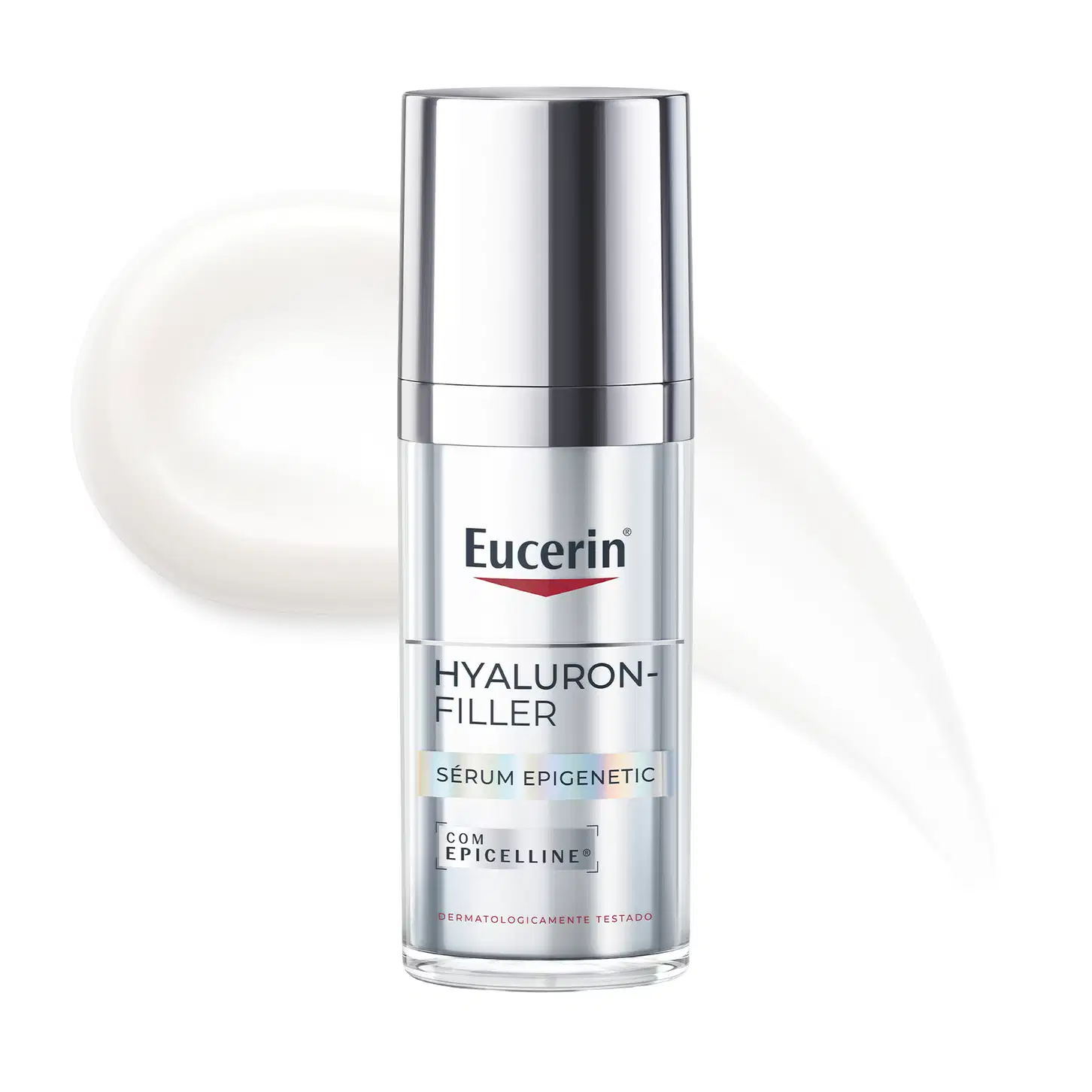 Frasco de vidro transparente com produto de cuidados para a pele da marca Eucerin, com textura cremosa, brilhante e translúcida, em embalagem com tampa prateada.