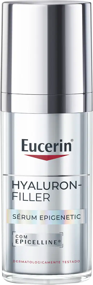 Frasco de vidro prateado com rótulo da marca Eucerin, contendo sérum epigenético Hyaluron-Filler para cuidados com a pele.