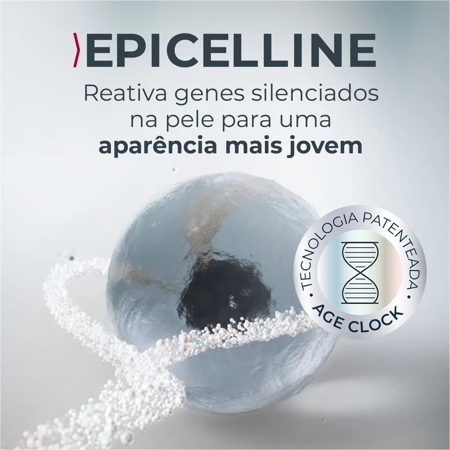 Embalagem esférica branca com texto "Epicelline" e "Reativa genes silenciados na pele para uma aparência mais jovem". Logotipo da tecnologia "Age Clock" indicando propriedades anti-envelhecimento.