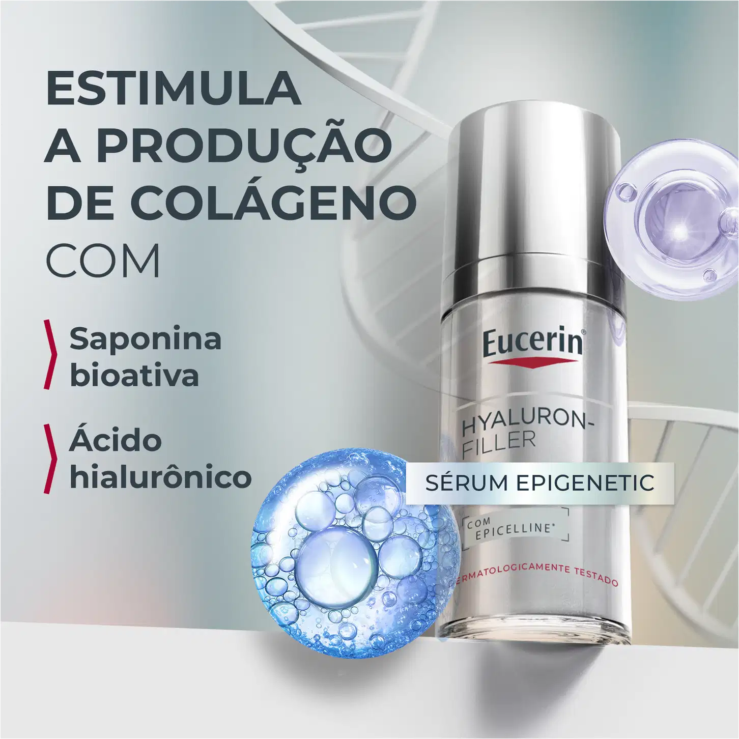 Embalagem de item de perfumaria da marca Eucerin com texto "Hyaluron-Filler" e "Sérum Epigenetic com Epicelline", além de imagem de bolhas azuis representando ácido hialurônico e saponina bioativa.