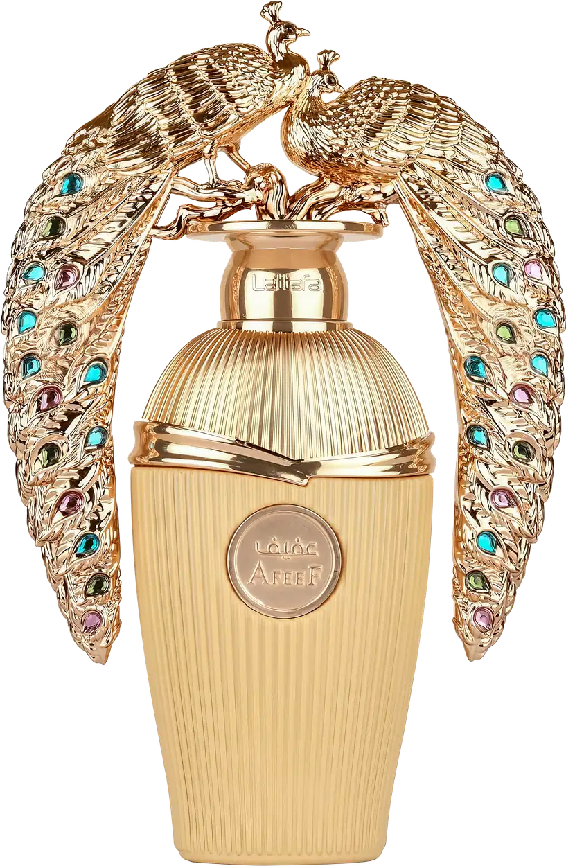 Frasco de perfume dourado da marca Lattafa, com detalhes em formato de pavões dourados e pedras coloridas, apresentando uma embalagem luxuosa e ornamentada.