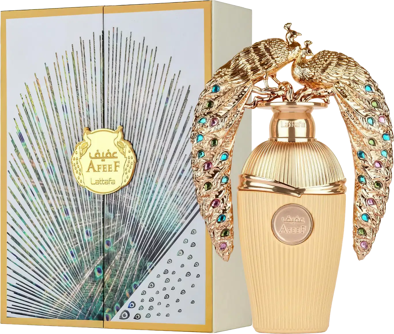 Frasco de perfume Lattafa Afeef dourado com detalhes em ouro e pedras coloridas, embalado em caixa com design de penas de pavão.