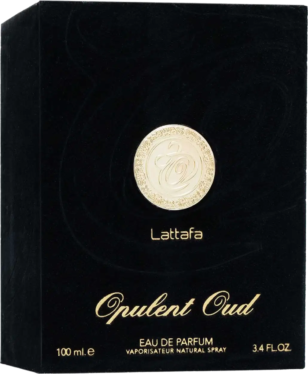 Caixa preta com logotipo dourado da marca Lattafa Perfumes. Contém um frasco de perfume Opulent Oud com 100 ml de volume, apresentado em embalagem de luxo.