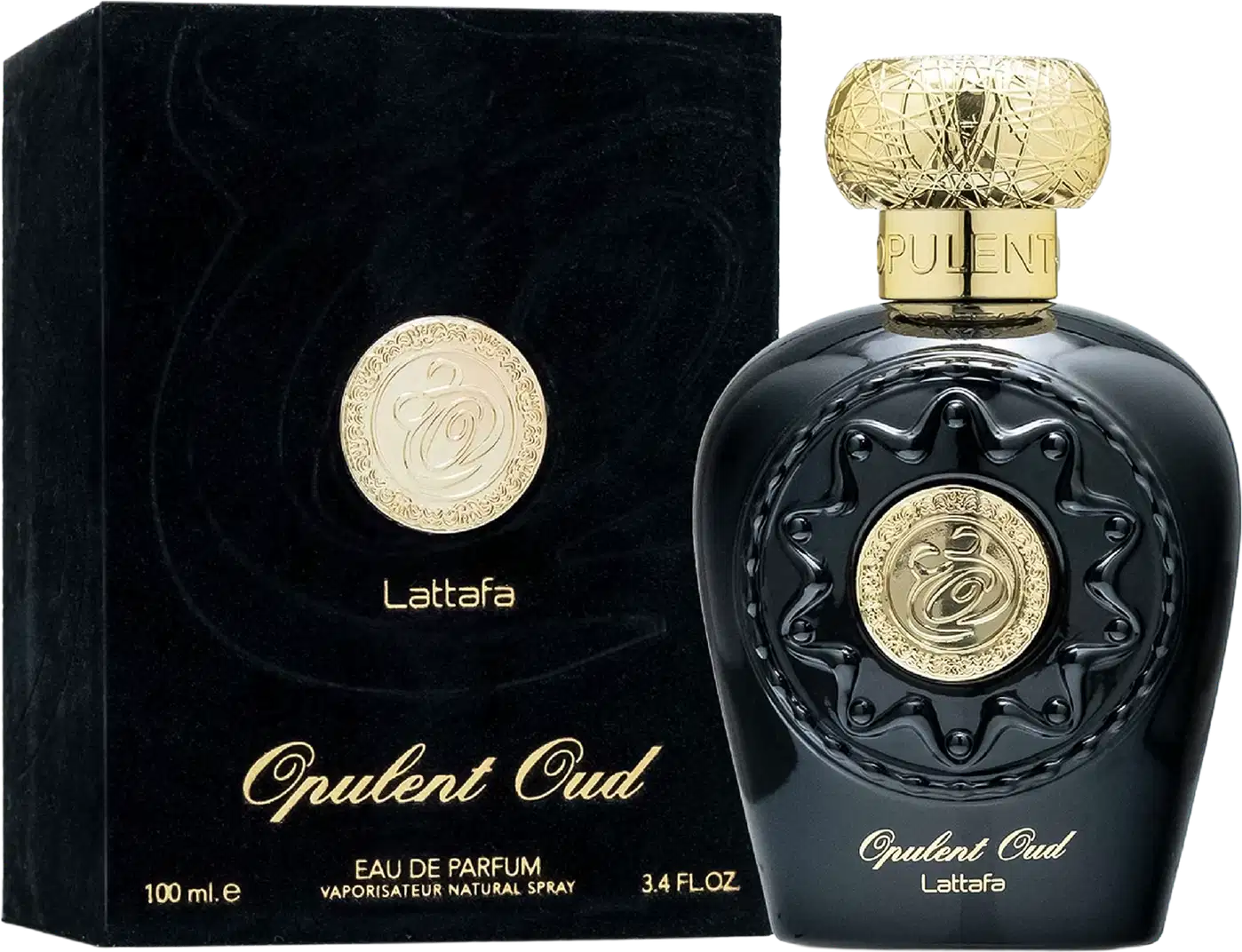 Frasco de perfume Opulent Oud da marca Lattafa, com embalagem preta e detalhes dourados. O frasco possui um design elaborado e a caixa apresenta o nome do produto em letras douradas.