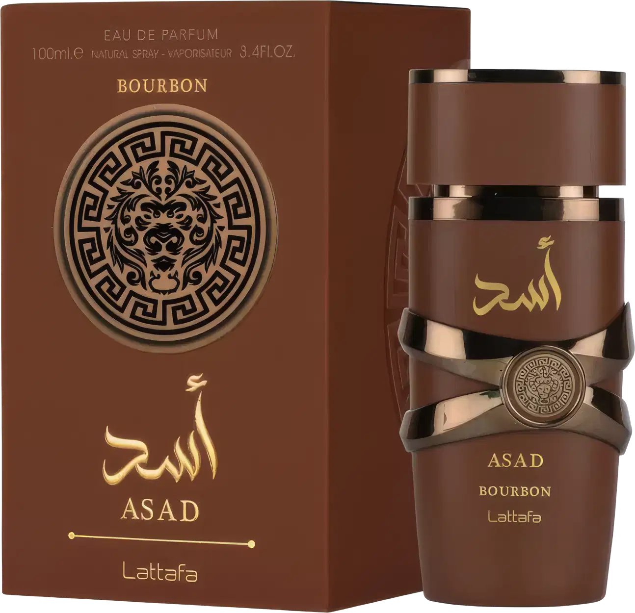 Frasco de perfume Eau de Parfum da marca Lattafa, com embalagem marrom e detalhes dourados. O rótulo exibe o nome "Asad Bourbon" em árabe e em inglês. O frasco possui um design elegante com detalhes decorativos.