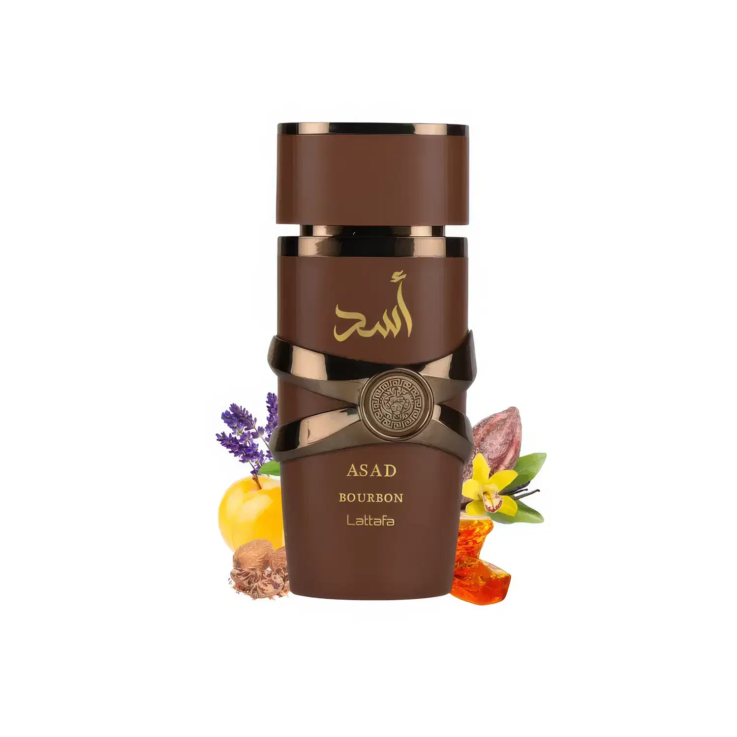 Embalagem de perfume da marca Lattafa Perfumes, com design elegante e sofisticado, em tons de marrom e dourado, rodeada por elementos florais e naturais, sugerindo um ambiente luxuoso e refinado.