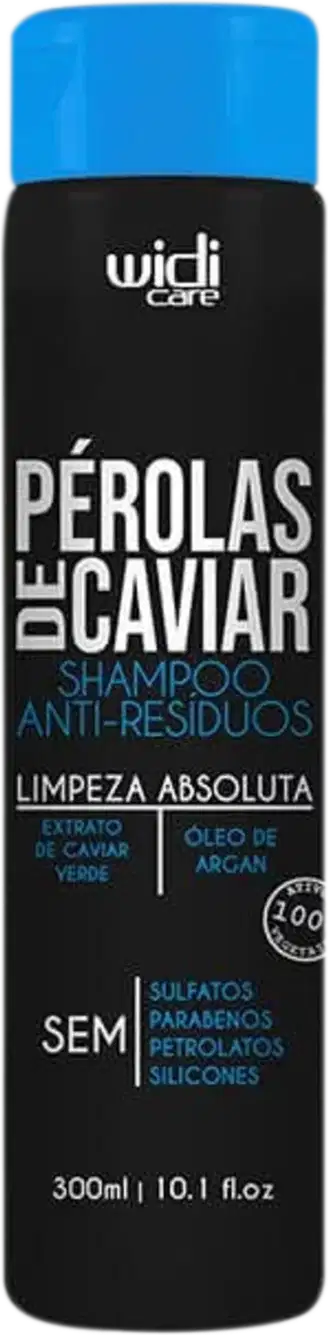 Frasco preto e azul da linha Widi Care, contendo shampoo anti-resíduos de pérolas de caviar. Destaca-se o texto "Pérolas de Caviar" e informações sobre a fórmula livre de sulfatos, parabenos e silicones.
