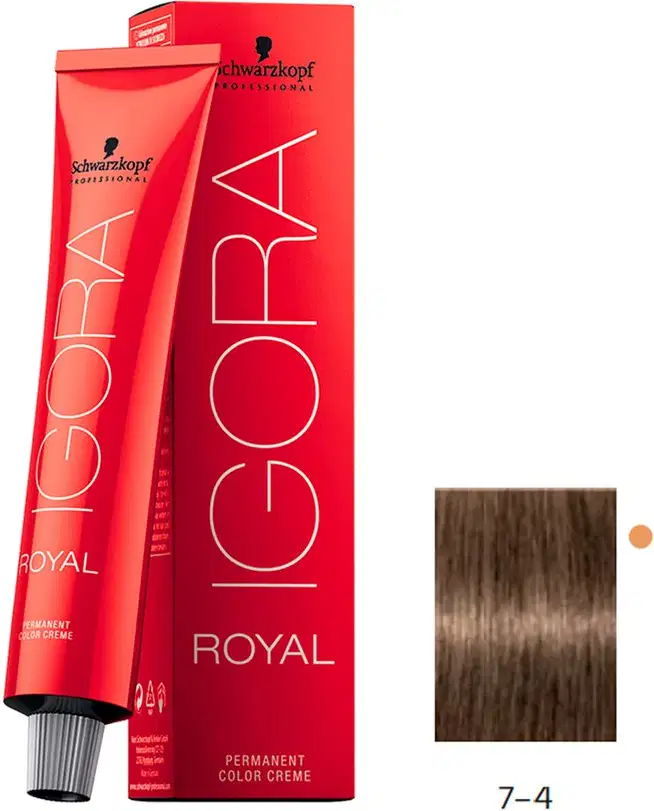 Coloração de cabelo da marca Schwarzkopf Professional, na cor vermelha, com o nome "Igora Royal" impresso em preto. O produto é descrito como uma tintura de cabelo permanente.