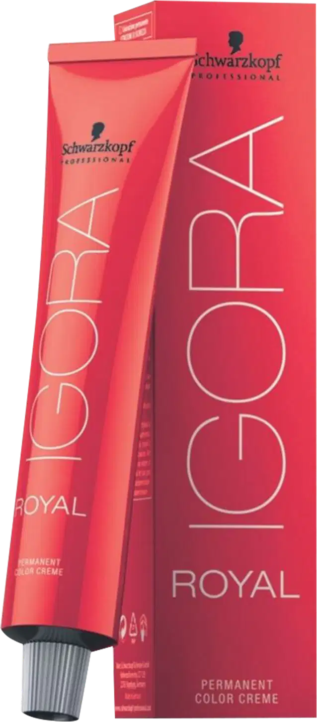 Coloração de cabelo da marca Schwarzkopf Professional, na cor vermelha, com o nome "Igora Royal" impresso em preto. O produto é descrito como uma tintura de cabelo permanente.