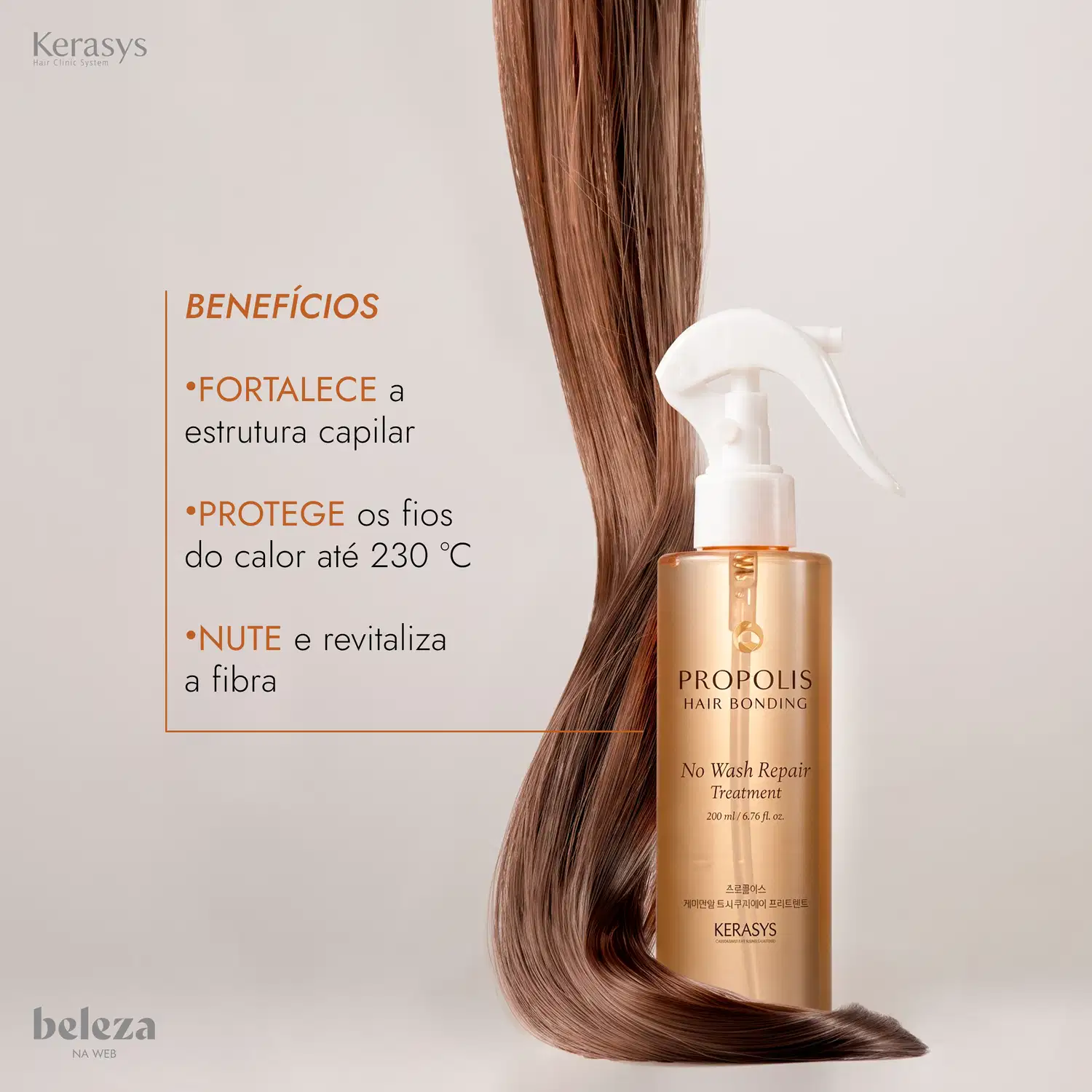 Embalagem de tratamento capilar da marca Kerasys com texto "Propolis Hair Bonding No Wash Repair Treatment" e lista de benefícios como fortalecimento da estrutura capilar, proteção contra calor até 230°C e nutrição da fibra.