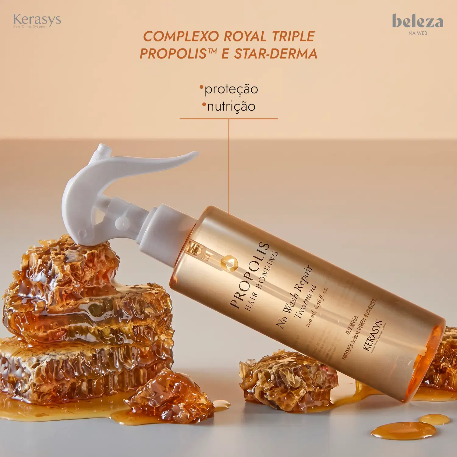 Frasco de tratamento capilar em spray da marca Kerasys, com texto "Complexo Royal Triple Propolis e Star-Derma" com informações sobre proteção e nutrição da pele.