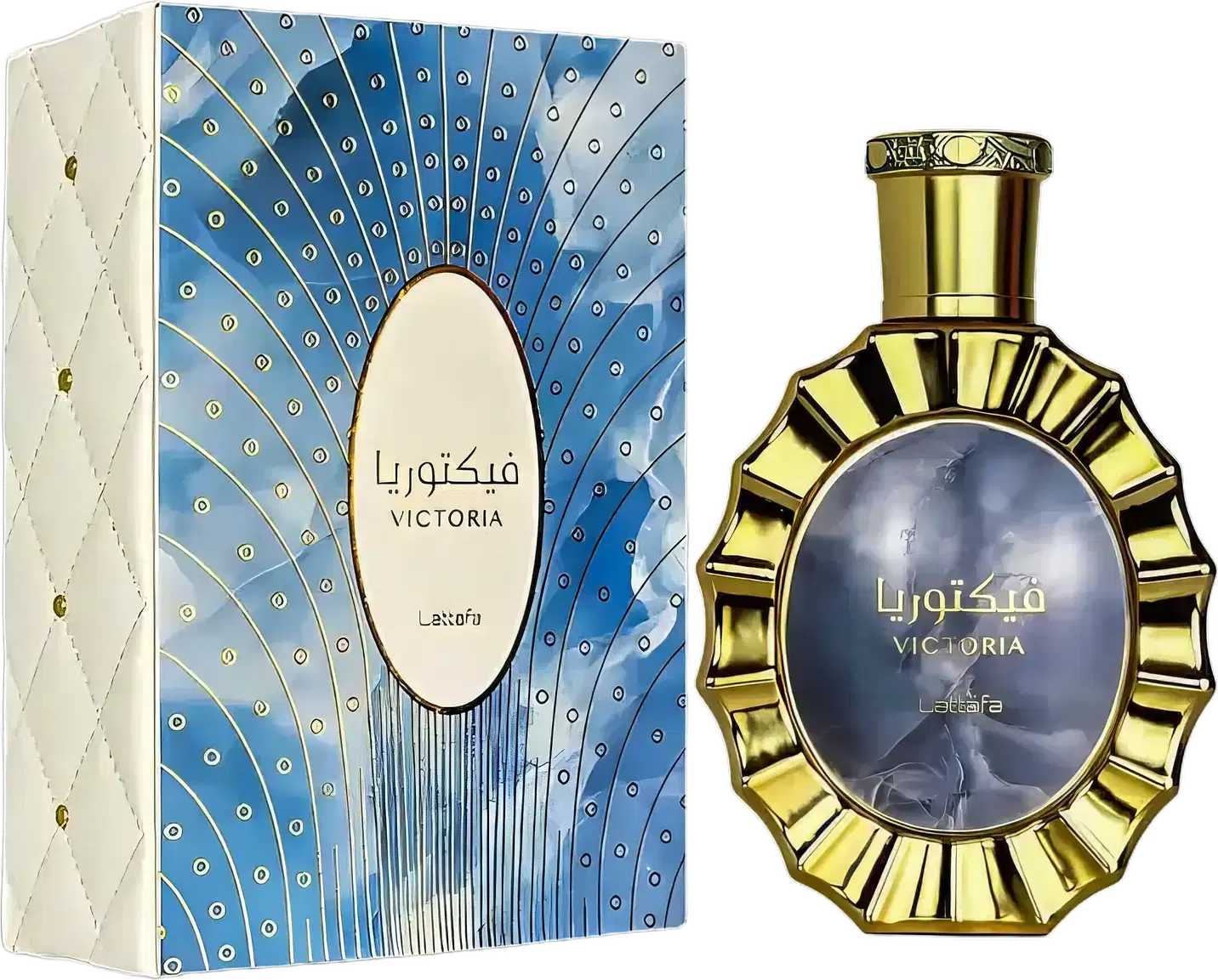 Caixa branca com padrão azul e dourado contendo item de perfumaria dourado com detalhes em azul. Rótulo com texto "Victoria" em árabe e inglês. Embalagem decorativa com design geométrico.