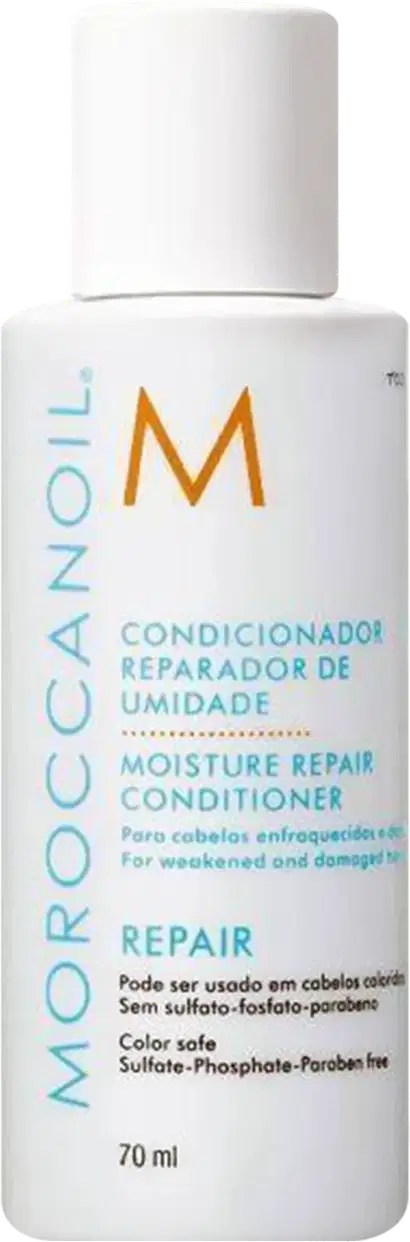 Frasco branco de 70 ml do condicionador reparador de umidade da marca Moroccanoil, com rótulo em cores azul e laranja indicando o nome do produto e suas propriedades.