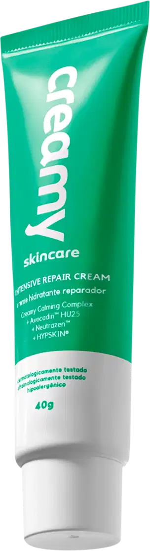 A imagem mostra uma bisnaga pequena de hidratante reparador verde com detalhe e tampa branca.