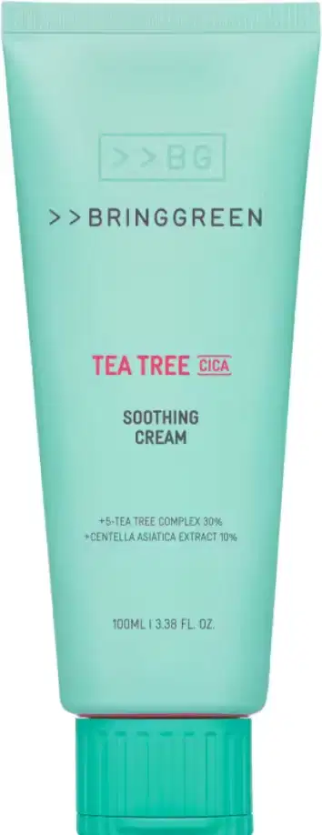 Tubo de creme hidratante da marca Bringgreen, com embalagem verde-menta e rótulo destacando os ingredientes "Tea Tree Cica" e "Soothing Cream". O produto contém 100ml.