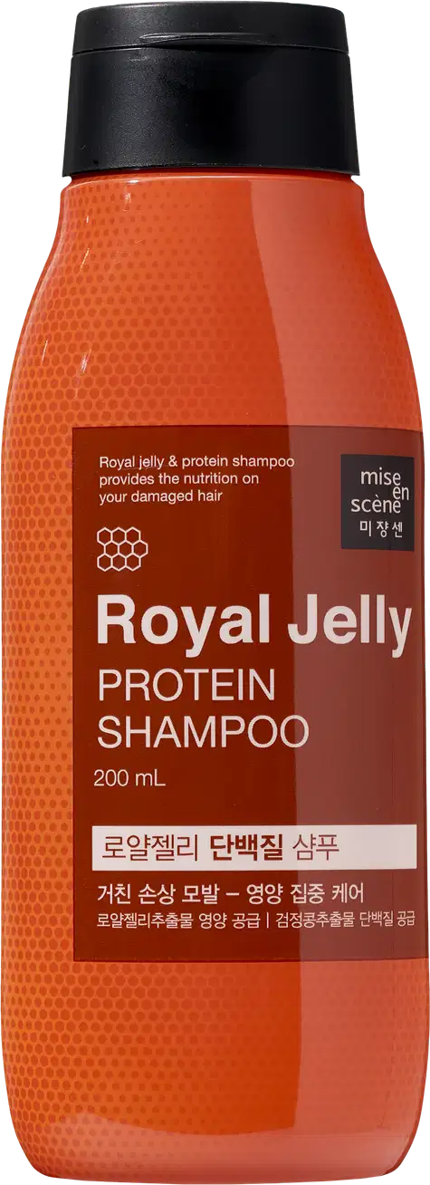 Frasco de shampoo de geléia real e proteína da marca Mise en Scène, com 200 ml de capacidade. O recipiente possui uma superfície laranja brilhante, com rótulo em preto e marrom destacando os ingredientes principais.