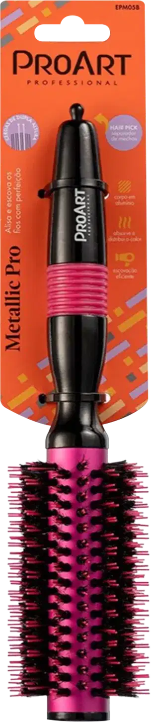 A imagem mostra a escova de cabelo rosa com cabo alongado preto. Na ponta há um informativo laranja com o nome da marca e detalhes do produto.