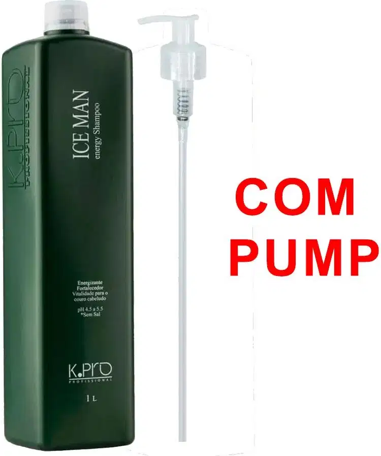 A imagem mostra um shampoo profissional da marca K.Pro chamado "Ice Man energy shampoo". É um frasco plástico verde escuro com a capacidade de 1 litro. Ao lado, há uma bomba dosadora transparente para aplicação do produto.