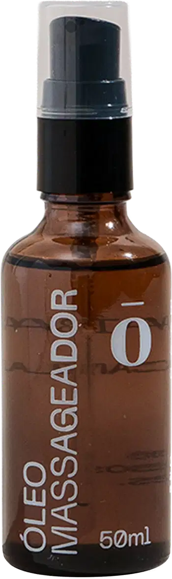 Frasco âmbar com bomba dosadora preta contendo óleo de massagem da marca Fito. Rótulo branco com o nome "Óleo Massageador"