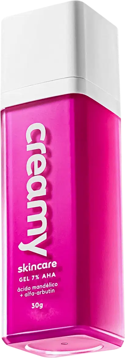 A imagem mostra o Creamy Ácido Mandélico um frasco retangular transparente de gel antiacne cor pink e tampa branca.