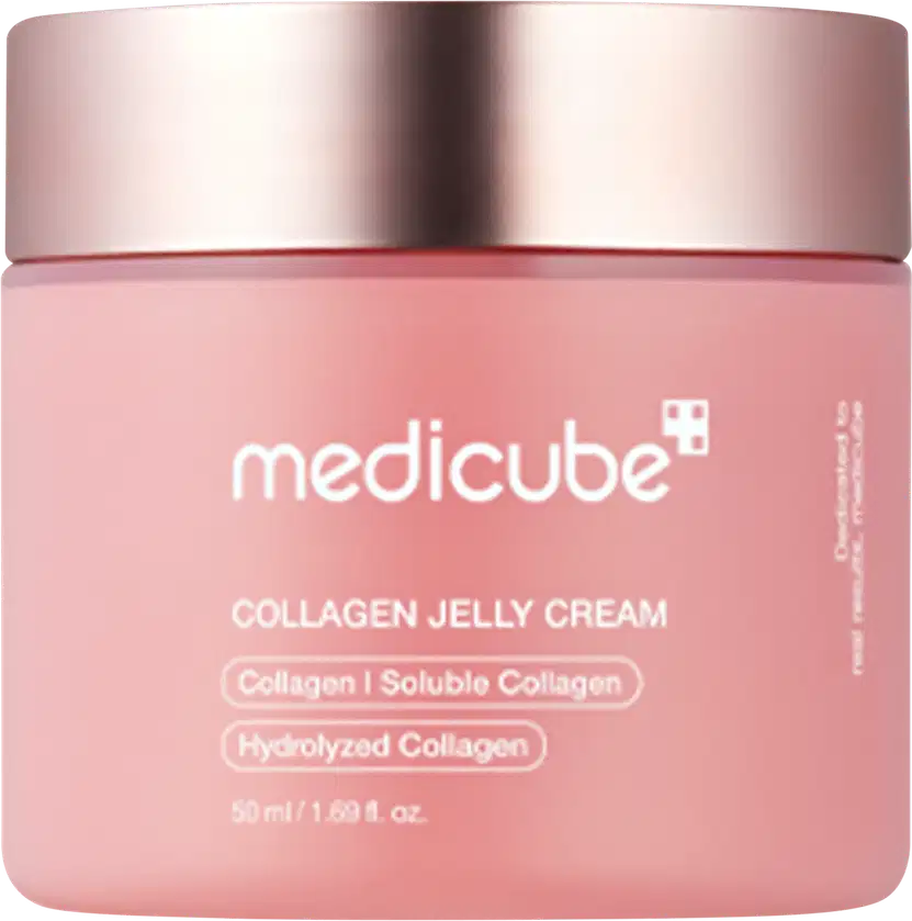 Frasco de Collagen Jelly Cream Medicube com 50ml. Embalagem rosa com tampa metalizada prateada. Rótulo branco indicando Collagen, Soluble Collagen e Hydrolyzed Collagen. Design cilíndrico elegante.