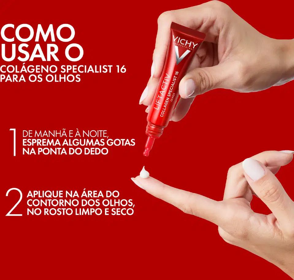Como usar o Colágeno Specialist 16 para os olhos: 1) De manhã e à noite, espalhe algumas gotas na ponta do dedo; 2) Aplique na área do contorno dos olhos, no rosto limpo e seco.