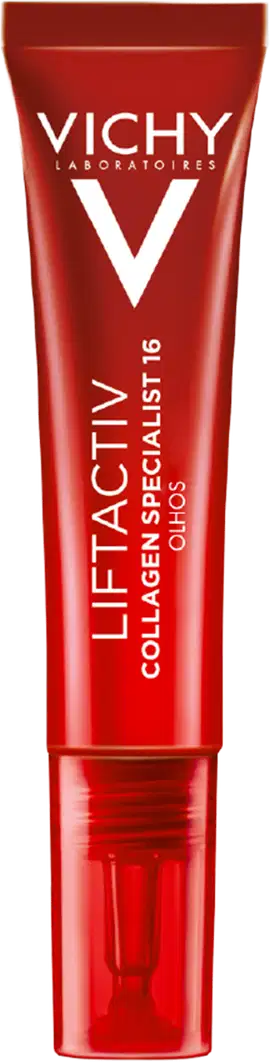 Tubo vermelho com o logotipo da Vichy e o texto "Liftactiv Collagen Specialist Olhos em letra branca.