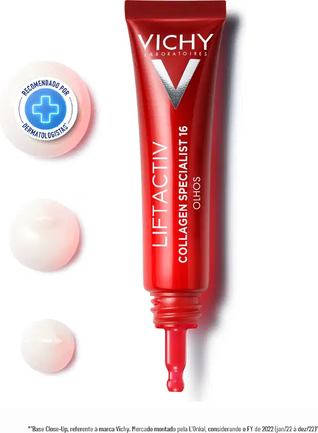 Tubo vermelho da linha Liftactiv da Vichy. Embalagem com logotipo da marca e texto "Collagen Specialist 16 Olhos" em destaque. Tag: recomendado por dermatologistas