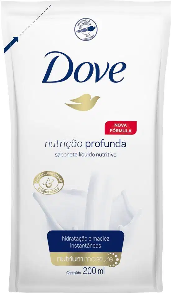 A imagem mostra o Refil do Sabonete Líquido Nutrição Profunda da marca Dove.