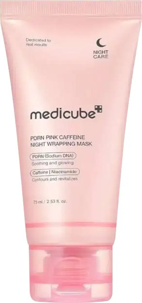 Bisnaga rosa translúcida Medicube PDRN Pink Caffeine Night Wrapping Mask, 75 ml, com tampa rosa transparente, símbolo de lua e texto "Night Care" no rótulo.