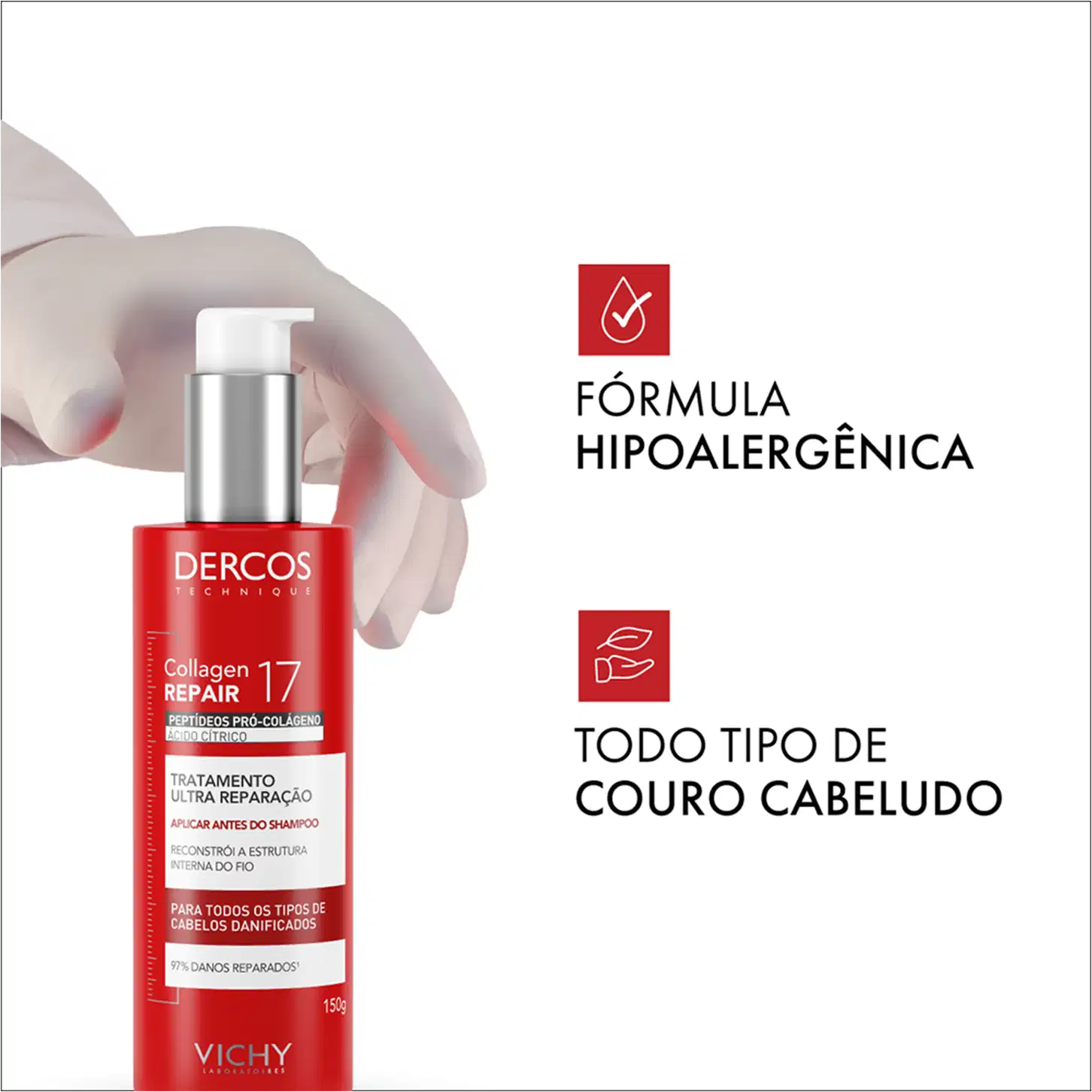 Frasco de tratamento capilar Dercos Collagen Repair 17 da Vichy, com embalagem vermelha e prata, contendo 150g do produto. O rótulo destaca os peptídeos pró-colágeno e o tratamento de ultra reparação para todos os tipos de cabelos danificados.