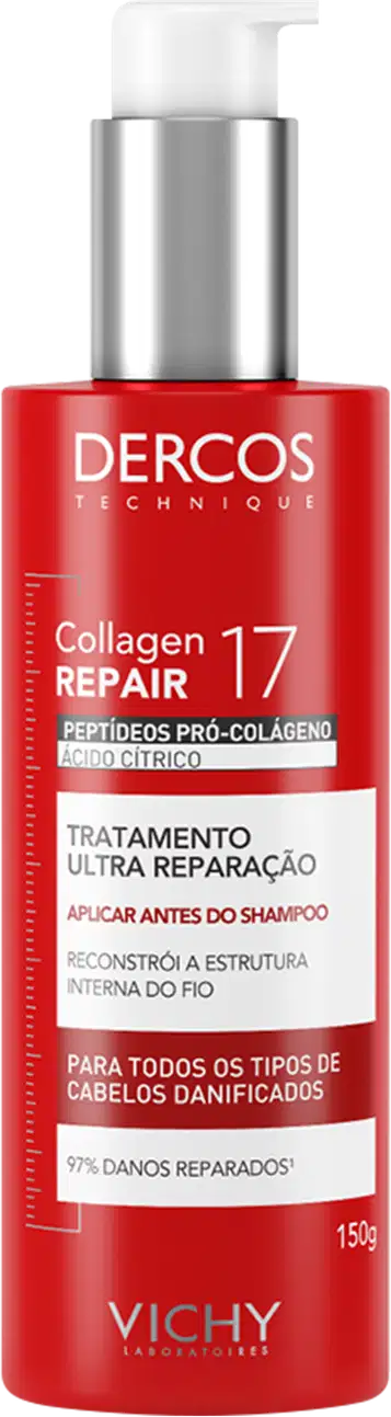 Frasco de tratamento capilar Dercos Collagen Repair 17 da Vichy, com embalagem vermelha e prata, contendo 150g do produto. O rótulo destaca os peptídeos pró-colágeno e o tratamento de ultra reparação para todos os tipos de cabelos danificados.