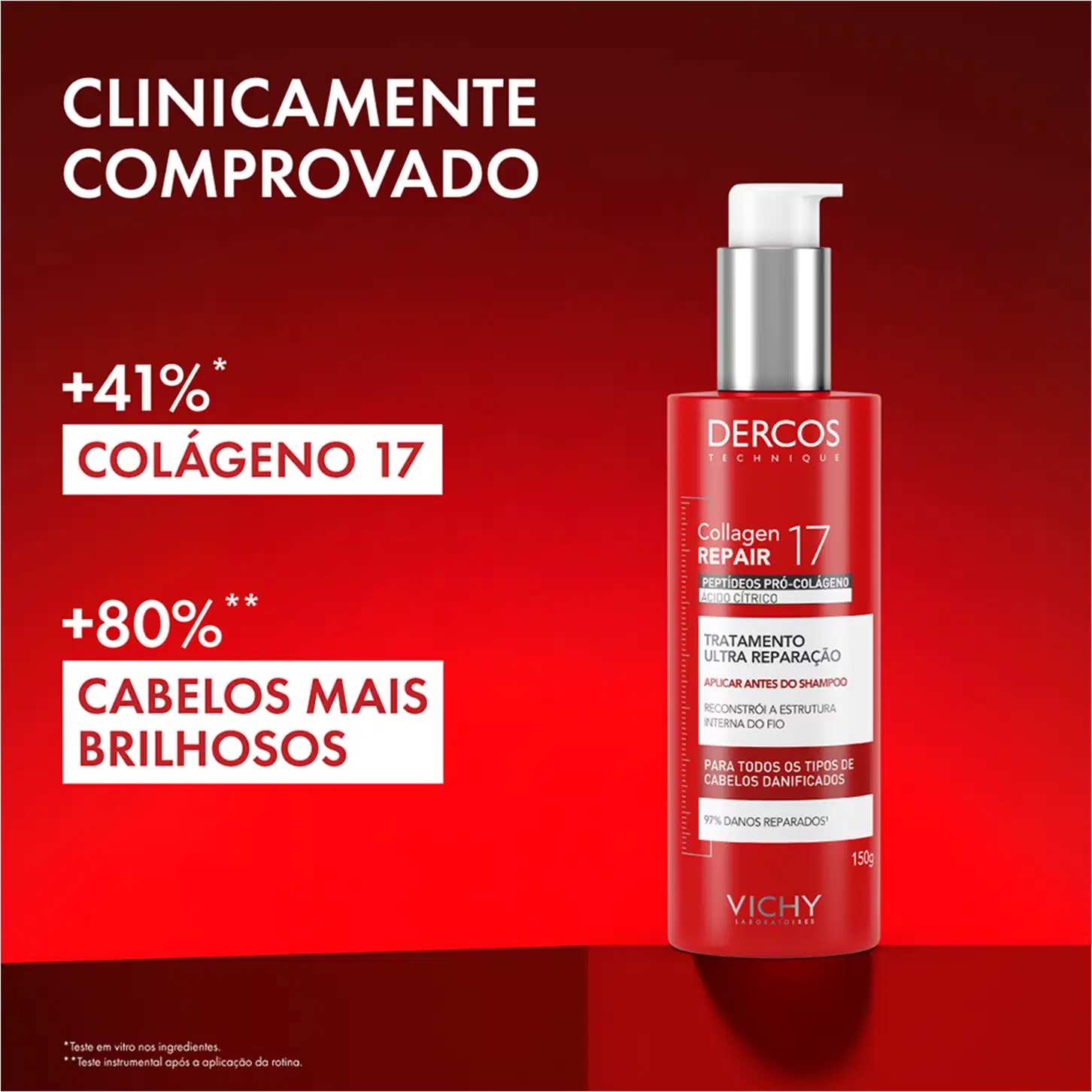 Frasco de tratamento capilar Dercos Collagen Repair 17 da Vichy, com embalagem vermelha e prata, contendo 150g do produto. O rótulo destaca os peptídeos pró-colágeno e o tratamento de ultra reparação para todos os tipos de cabelos danificados.