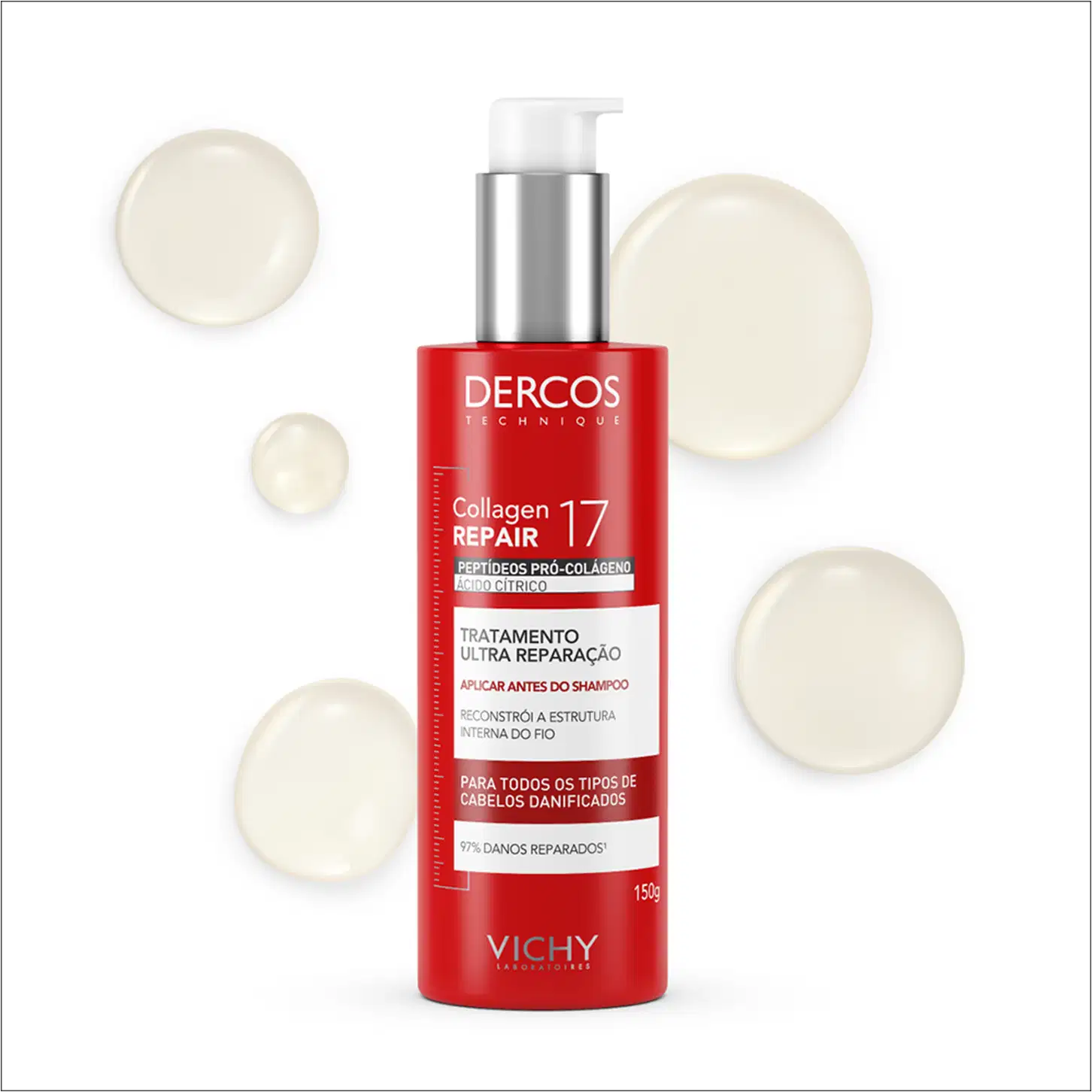 Frasco de tratamento capilar Dercos Collagen Repair 17 da Vichy, com embalagem vermelha e prata, contendo 150g do produto. O rótulo destaca os peptídeos pró-colágeno e o tratamento de ultra reparação para todos os tipos de cabelos danificados.