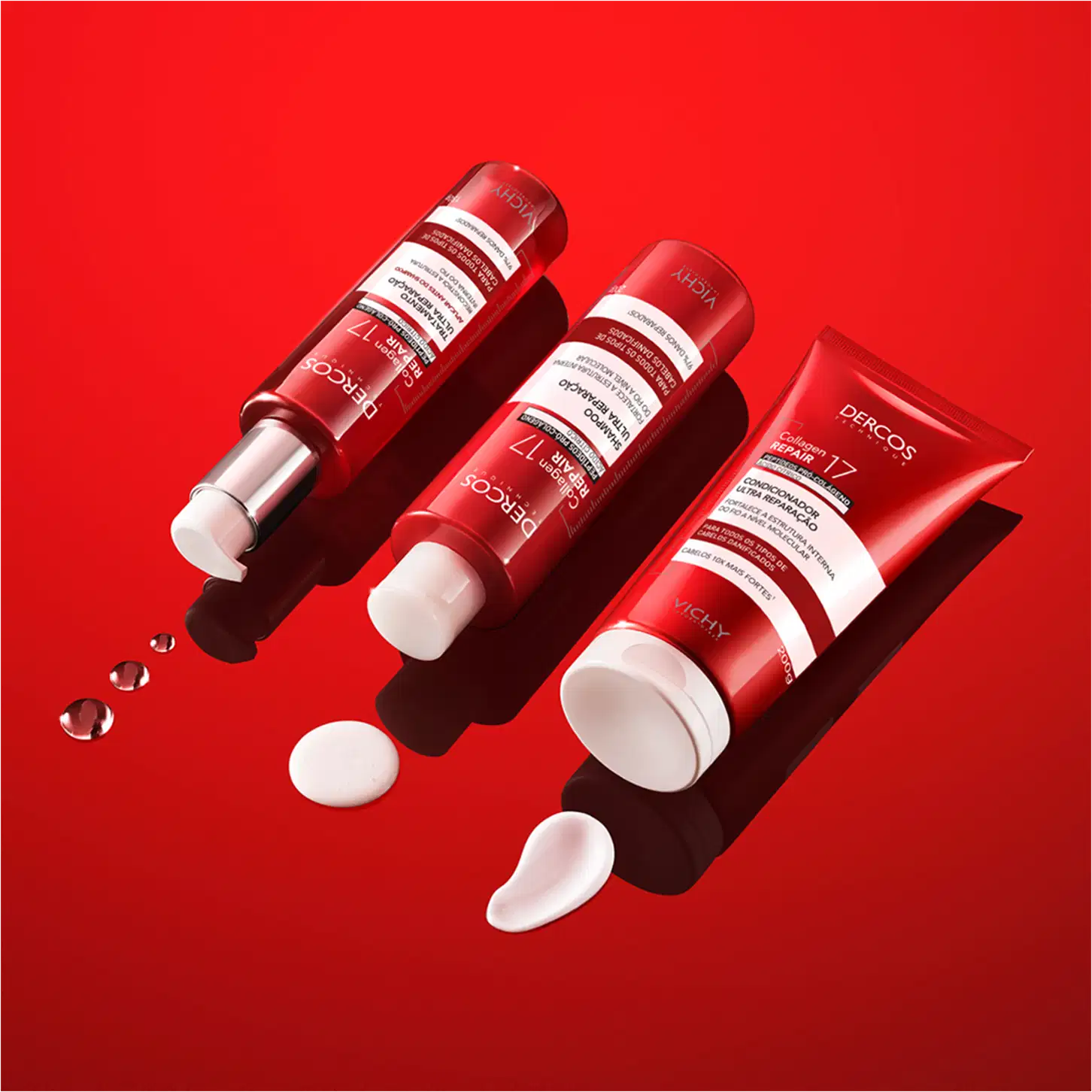 Frasco de tratamento capilar Dercos Collagen Repair 17 da Vichy, com embalagem vermelha e prata, contendo 150g do produto. O rótulo destaca os peptídeos pró-colágeno e o tratamento de ultra reparação para todos os tipos de cabelos danificados.