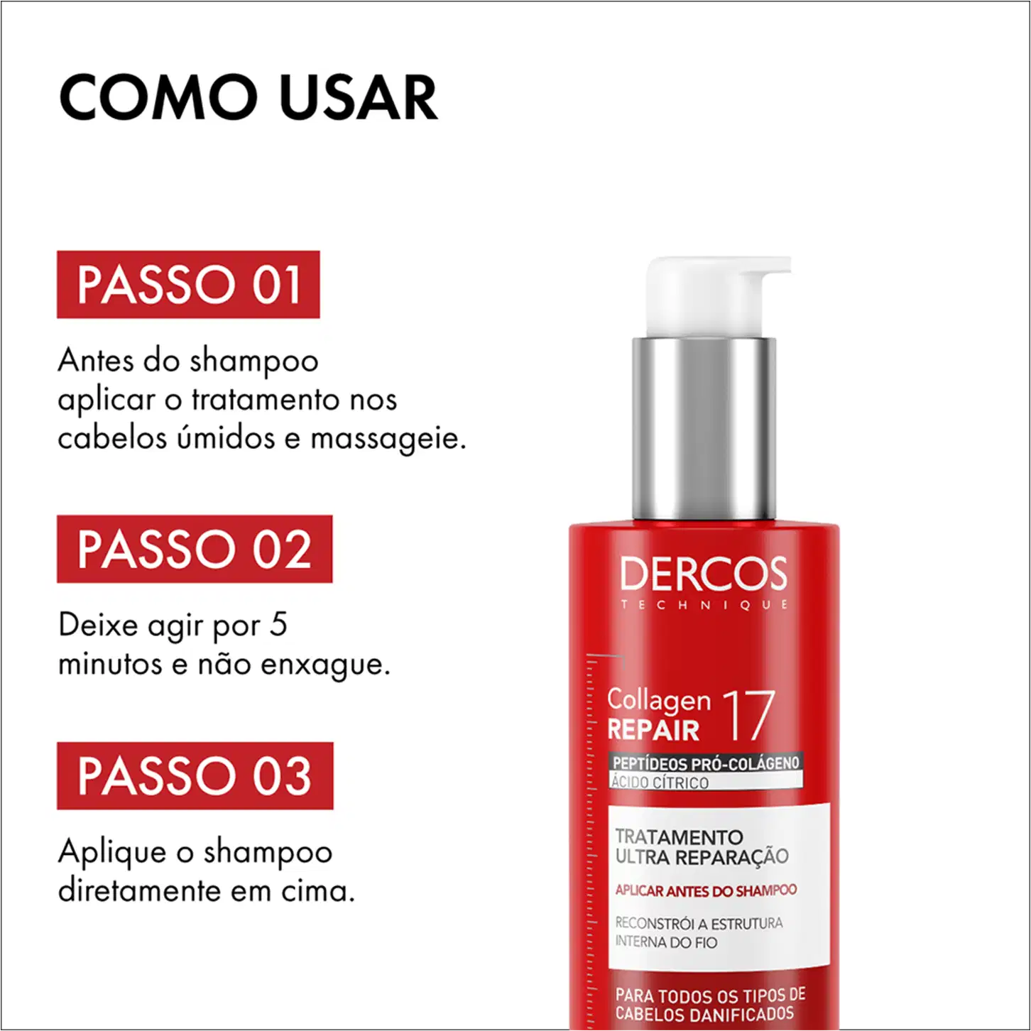Frasco de tratamento capilar Dercos Collagen Repair 17 da Vichy, com embalagem vermelha e prata, contendo 150g do produto. O rótulo destaca os peptídeos pró-colágeno e o tratamento de ultra reparação para todos os tipos de cabelos danificados.