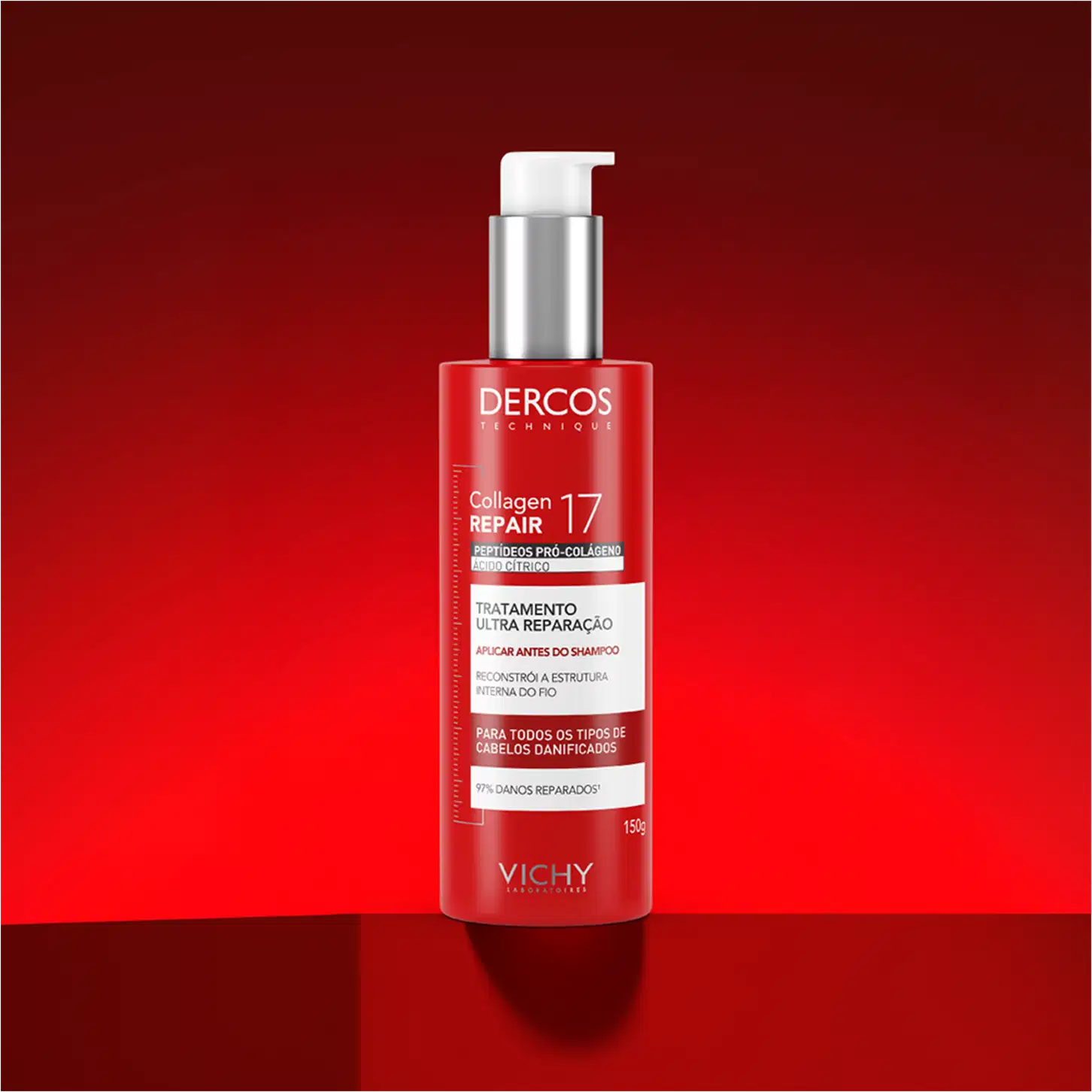 Frasco de tratamento capilar Dercos Collagen Repair 17 da Vichy, com embalagem vermelha e prata, contendo 150g do produto. O rótulo destaca os peptídeos pró-colágeno e o tratamento de ultra reparação para todos os tipos de cabelos danificados.