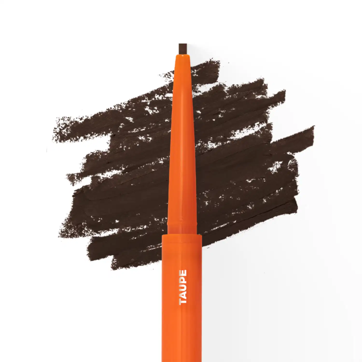 Brow Pencil Mari Maria Makeup em embalagem laranja com detalhes em amarelo. Produto apresenta lápis retratil com ponta fina e escova integrada. Peso: 0,1g. Design ergonômico em tom laranja vibrante.