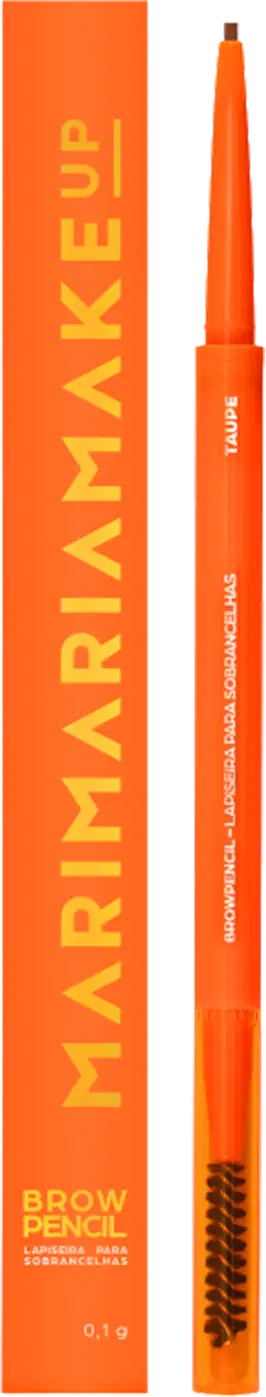 Brow Pencil Mari Maria Makeup em embalagem laranja com detalhes em amarelo. Produto apresenta lápis retratil com ponta fina e escova integrada. Peso: 0,1g. Design ergonômico em tom laranja vibrante.