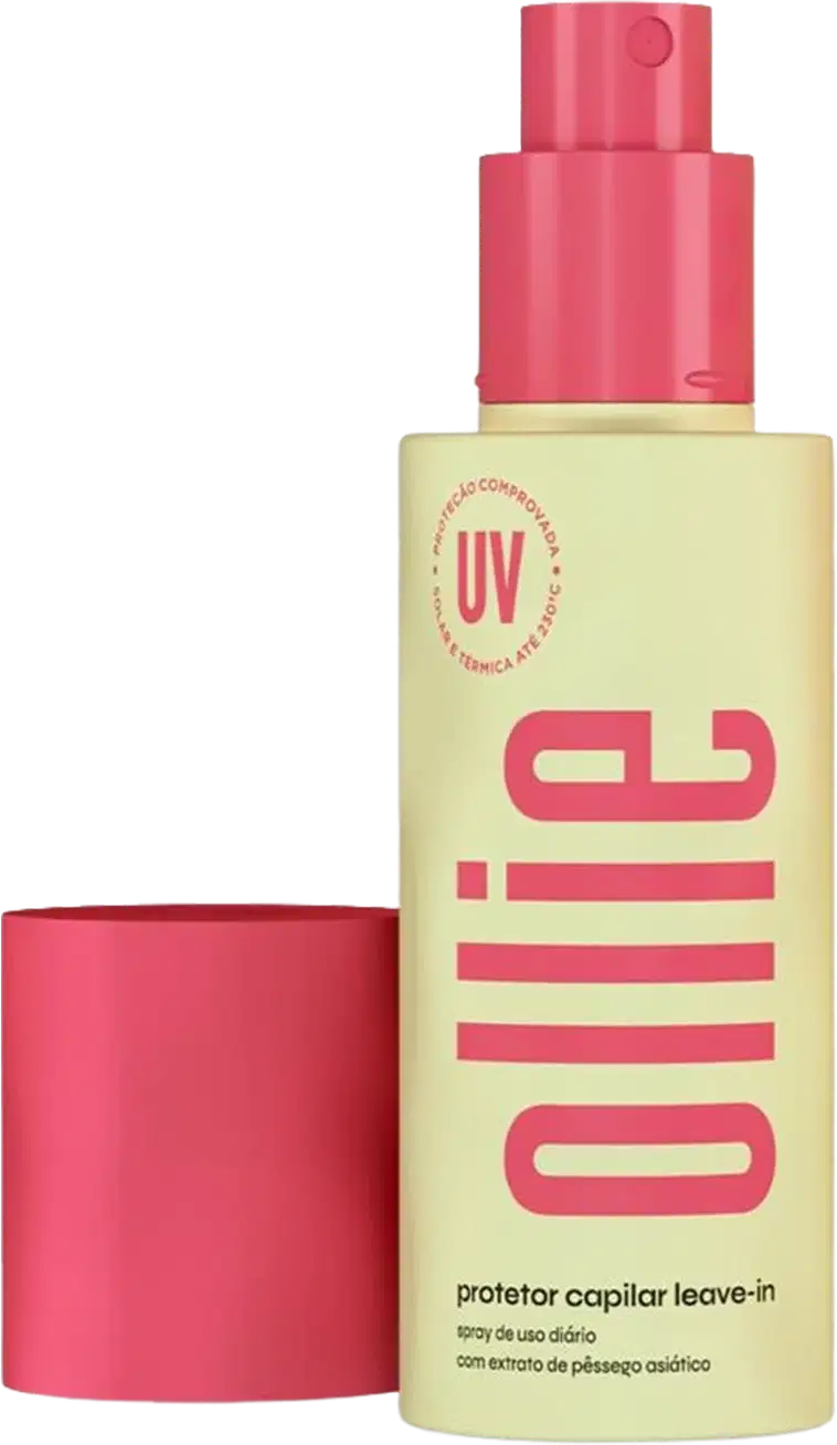 Frasco de spray de protetor capilar da marca Ollie, com embalagem amarela e rosa, contendo texto informativo sobre o produto e a indicação de proteção UV.