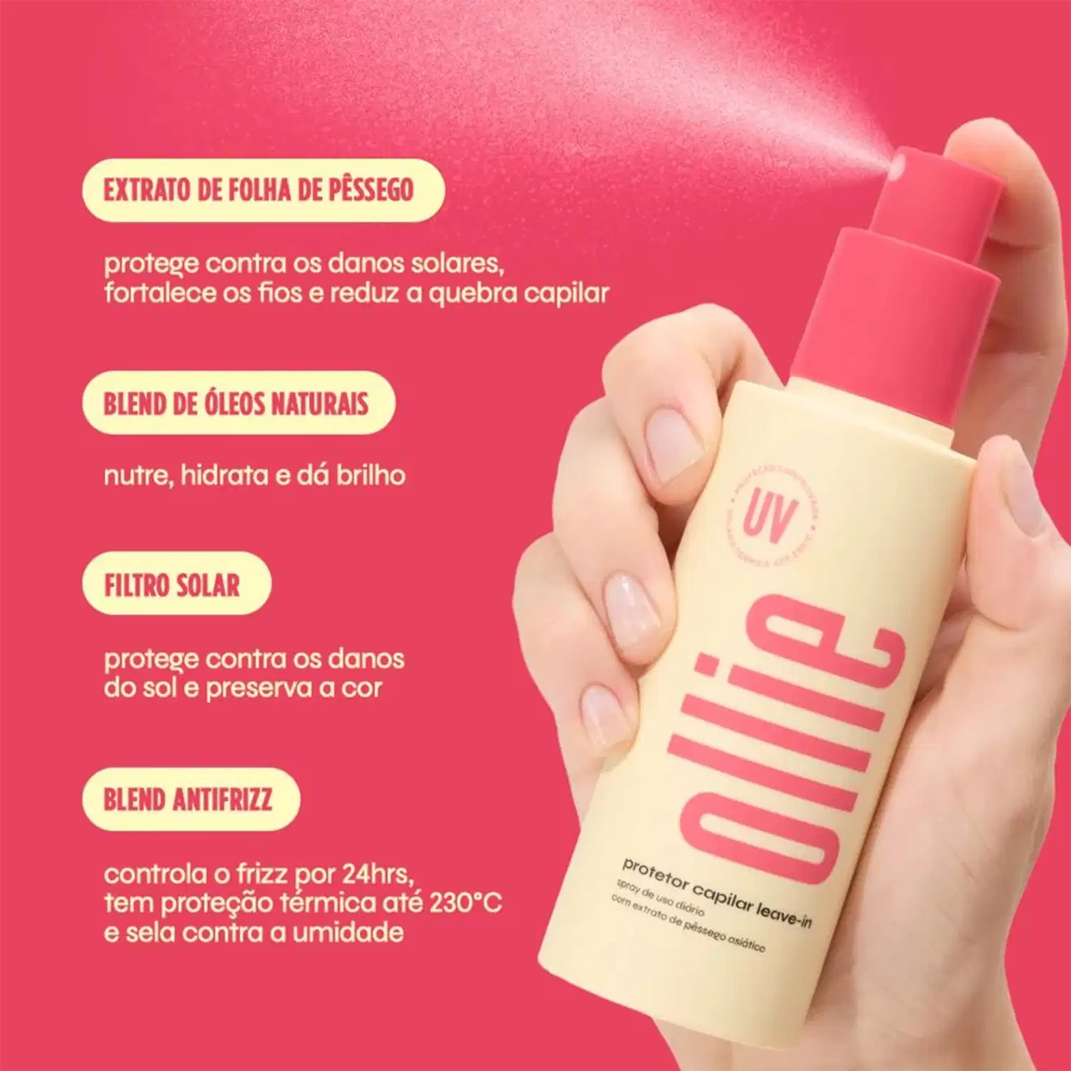 EXTRATO DE FOLHA DE PESSEGO protege contra os danos, fortalece os fios e reduz a quebra capilar. BLEND DE ÓLEOS NATURAIS nutre, hidrata e dá brilho. FILTRO SOLAR protege contra os danos do sol. BLEND ANTIFRIZZ com proteção térmica até 230°C.