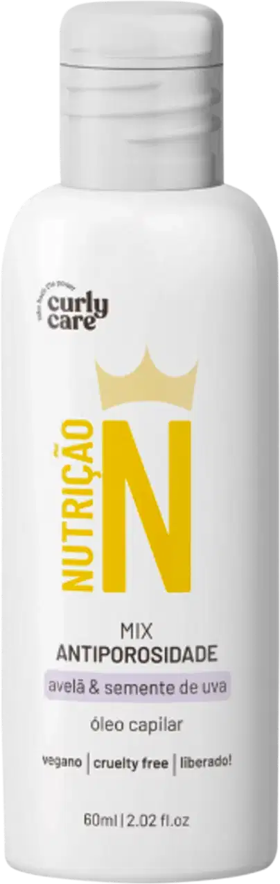 Produto de cuidado capilar Curly Care, embalagem plástica branca opaca com tampa. Rótulo frontal com coroa amarela e texto "Nutrição" em letras grandes. Descrição em português "Mix Antiporosidade aveia & semente de uva, óleo capilar".